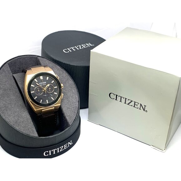 Citizen Mens Watch CA4583-01E Eco Drive Chronograph Rose Gold Brown Leather Band - Picture 3 of 15